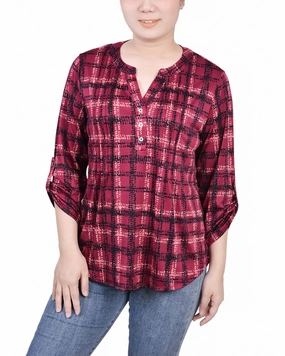 Adjustable Hem Toggles Light Fabric Petite 3/4 Roll Tab Sleeve Y Neck Top