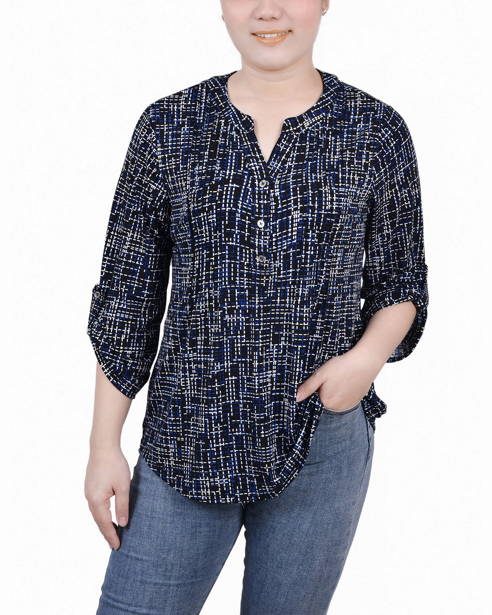 Petite 3/4 Roll Tab Sleeve Y Neck Top Loose Tee Classic Crew Neck