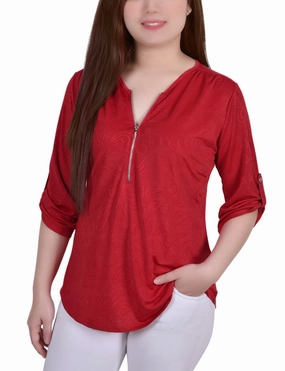 QuickPackFoldableDesign Petite 3/4 Roll Tab Zip Front Jacquard Knit Top