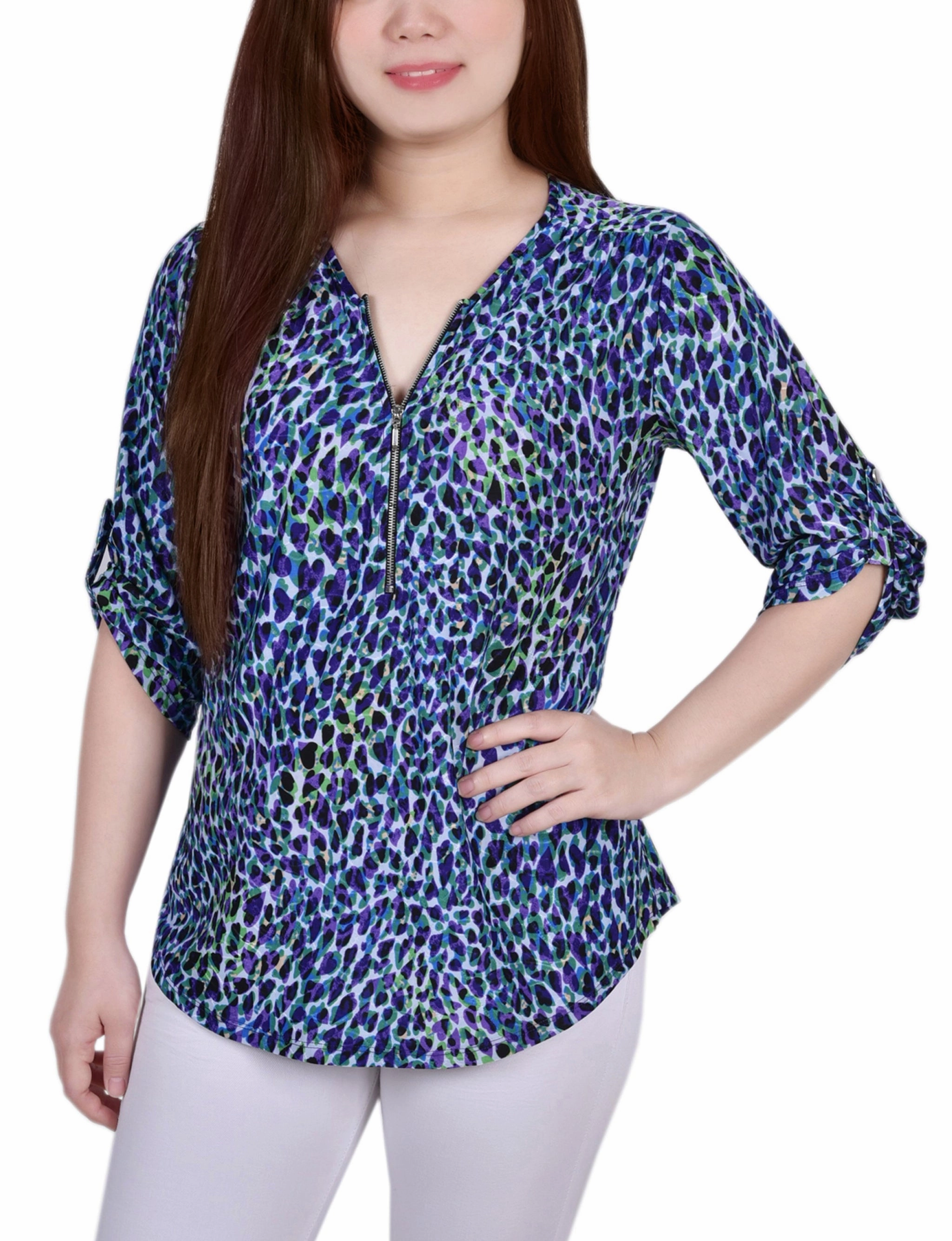 Reinforced Hems Petite 3/4 Roll Tab Zip Front Jacquard Knit Top
