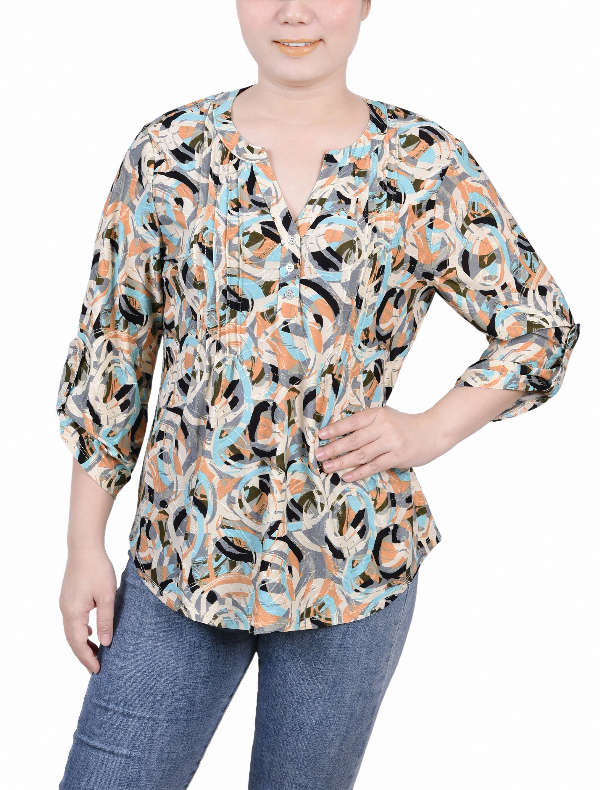 SlubTexture Cozy Cardigan Petite 3/4 Roll Tap Pullover Top