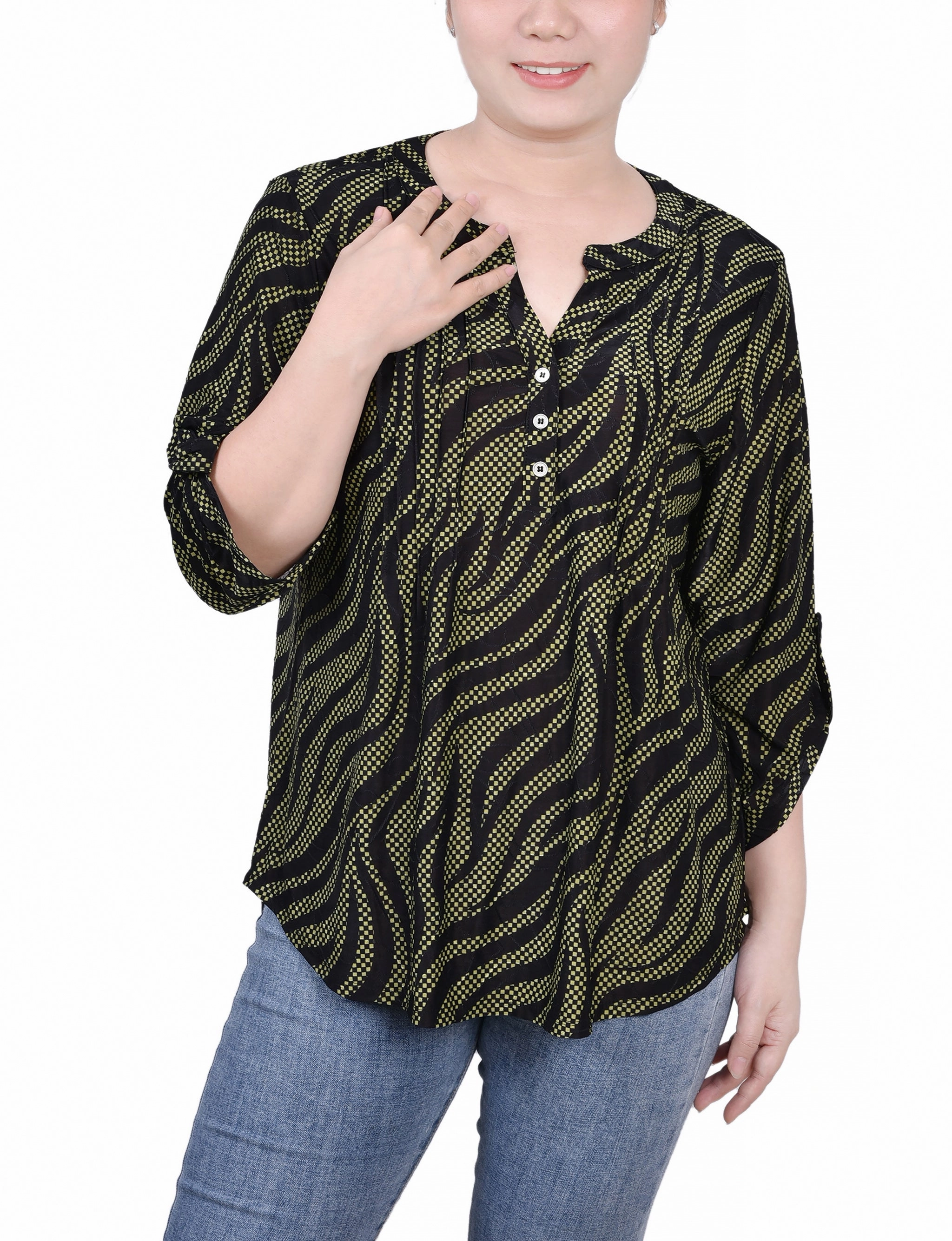 Reinforced Hems MidweightJersey Petite 3/4 Roll Tap Pullover Top