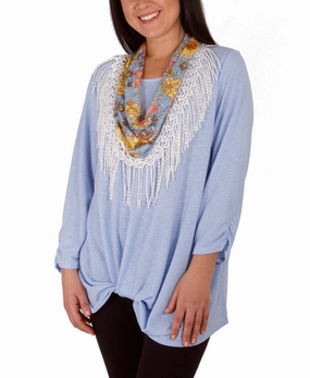 Petite 3/4 Rouched Sleeve Twist Front Top With Detachable Scarf HeatSealed Seams casual top