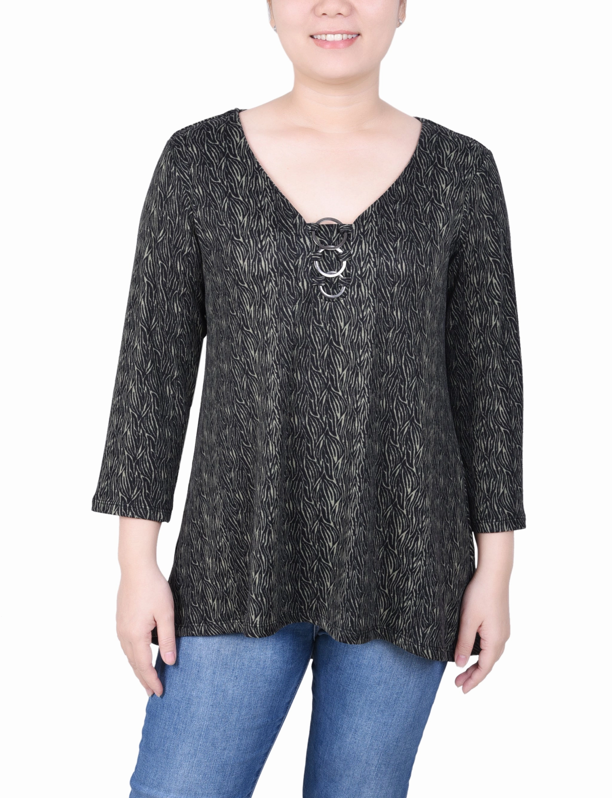 Quick Dry Performance Fleece Pullover Petite 3/4 Sleeve 3-Ring Top