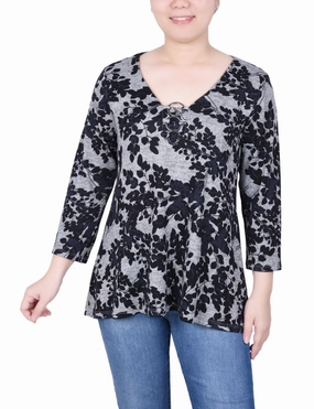 Petite 3/4 Sleeve 3-Ring Top Button Down Collar Style