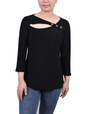 Petite 3/4 Sleeve Cutout Top Antibacterial Fabric Sporty Blouse