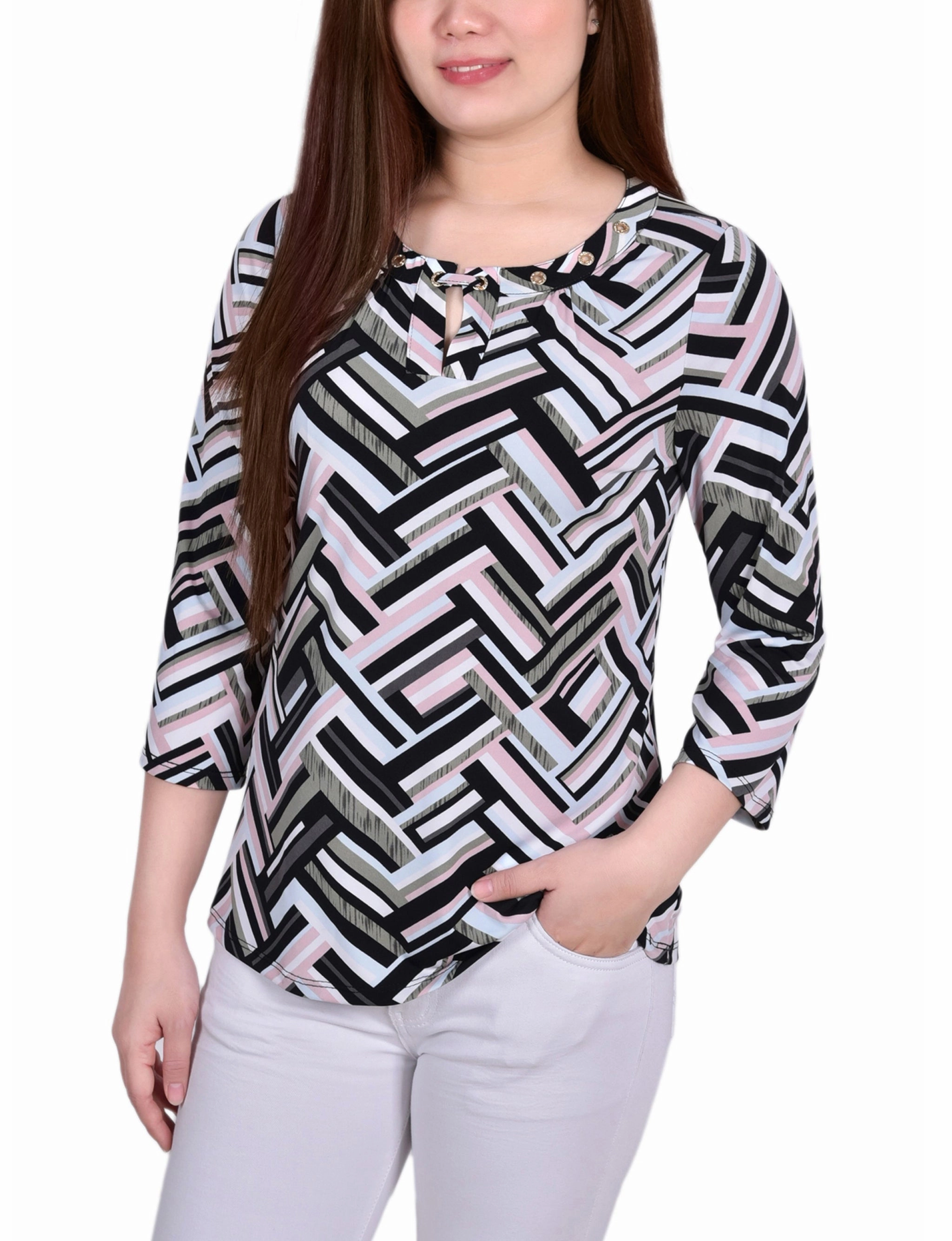 Petite 3/4 Sleeve Grommet Top Fashionable Shirt