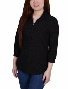 Petite 3/4 Sleeve Honeycomb Half Zip Top NonIrritating Seams