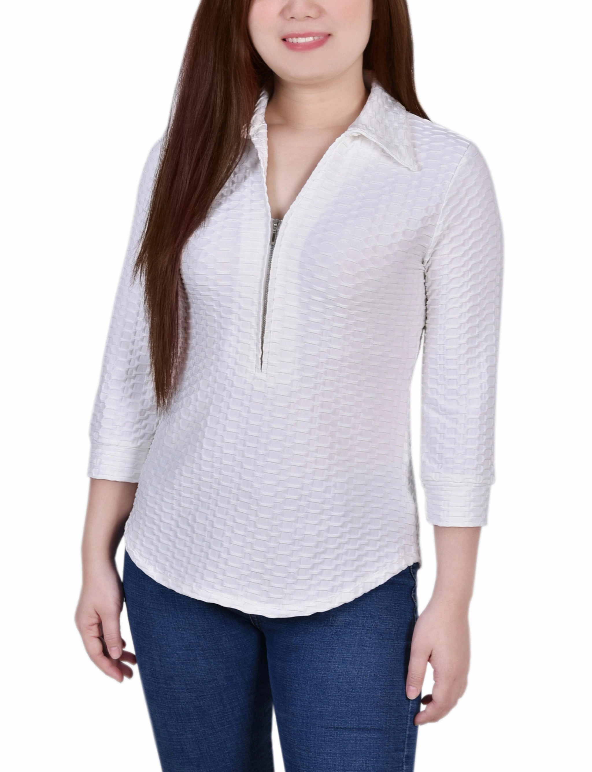 Ribbed collar Petite 3/4 Sleeve Honeycomb Half Zip Top