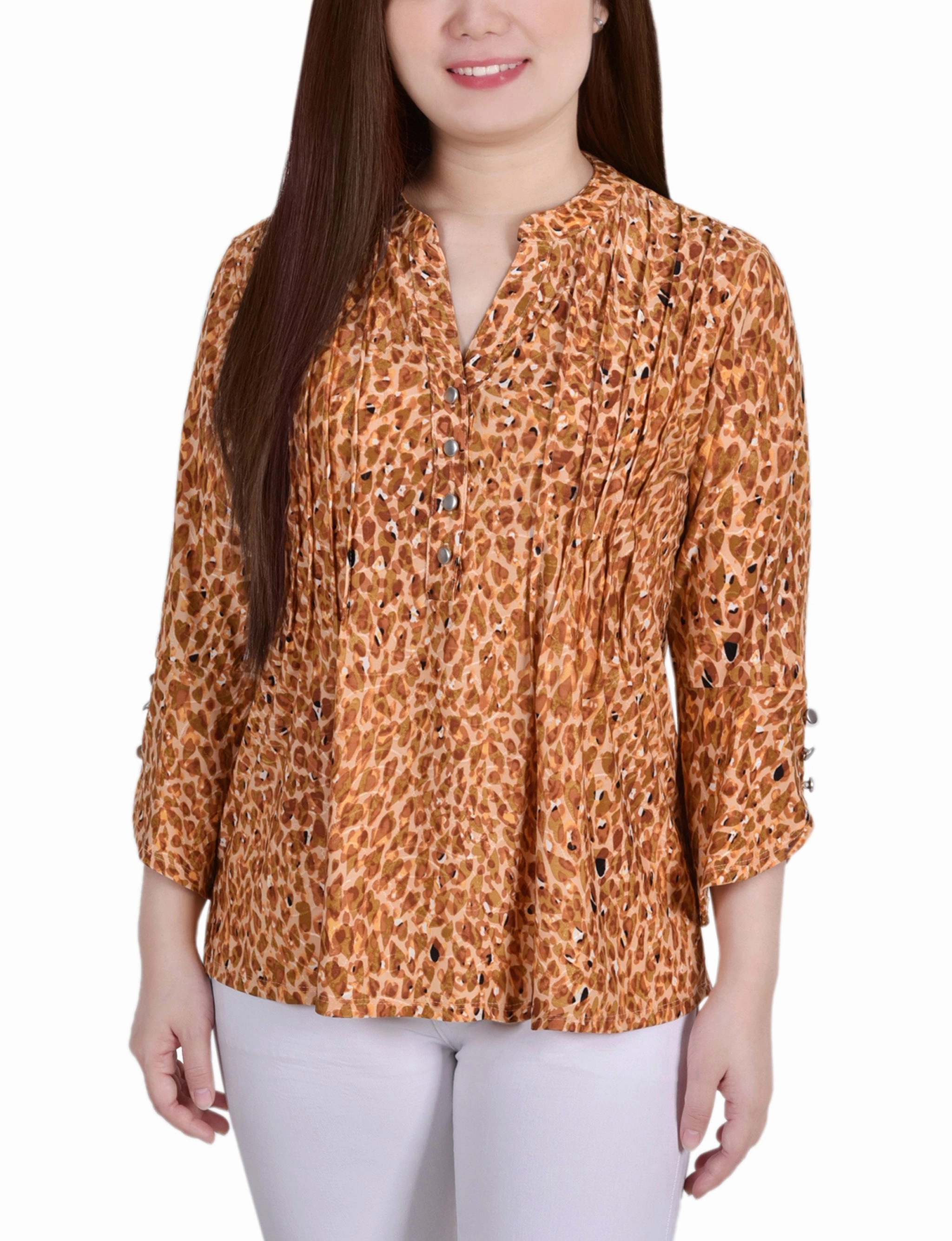 Petite 3/4 Sleeve Overlapped Bell Sleeve Y Neck Top Daily Wear Wicking Inner Lining