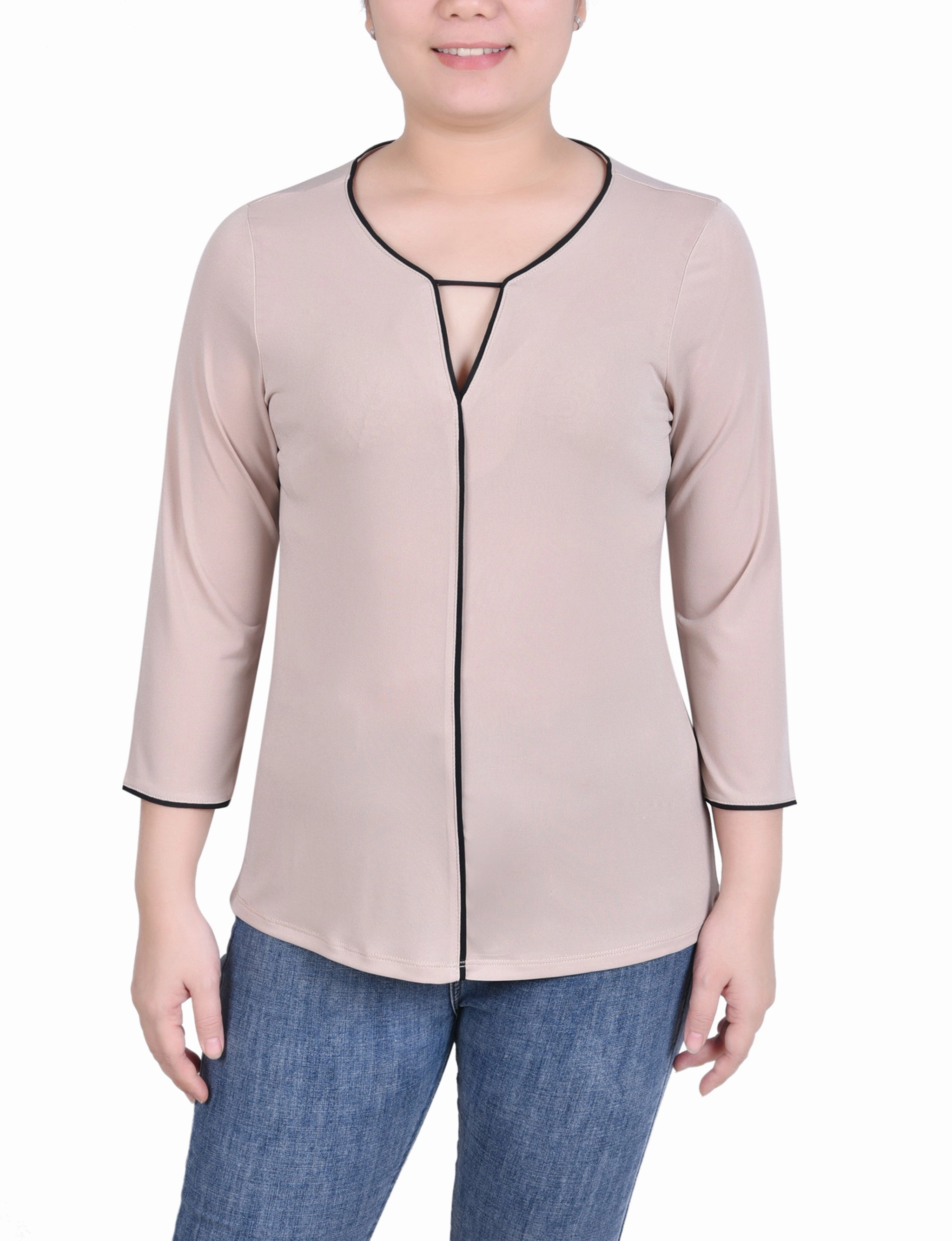 HiddenPocket Petite 3/4 Sleeve Piped Top