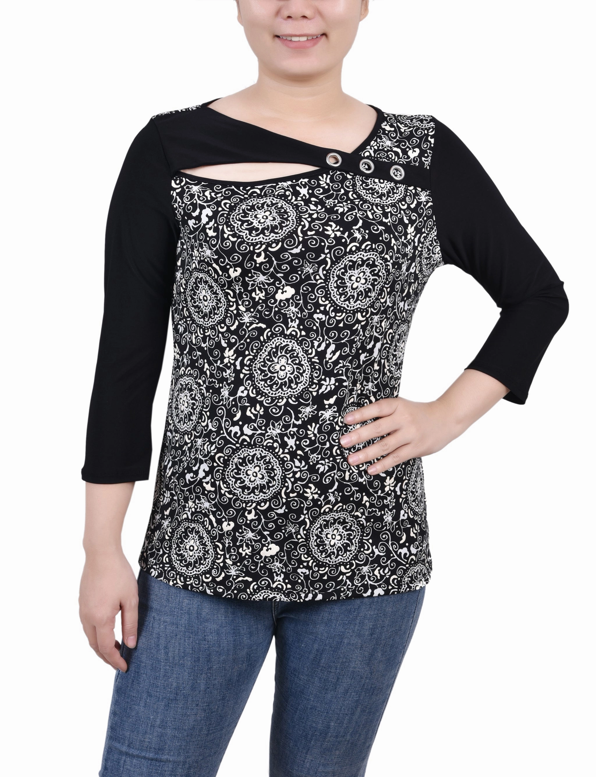 summer look Petite 3/4 Sleeve Puff Print Cutout Top