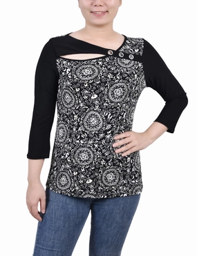 summer look Petite 3/4 Sleeve Puff Print Cutout Top