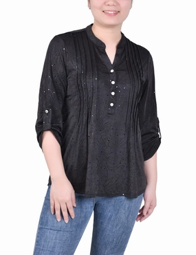 Layered Collar Design SleevelessOption Petite 3/4 Sleeve Roll Tab Y Neck Top