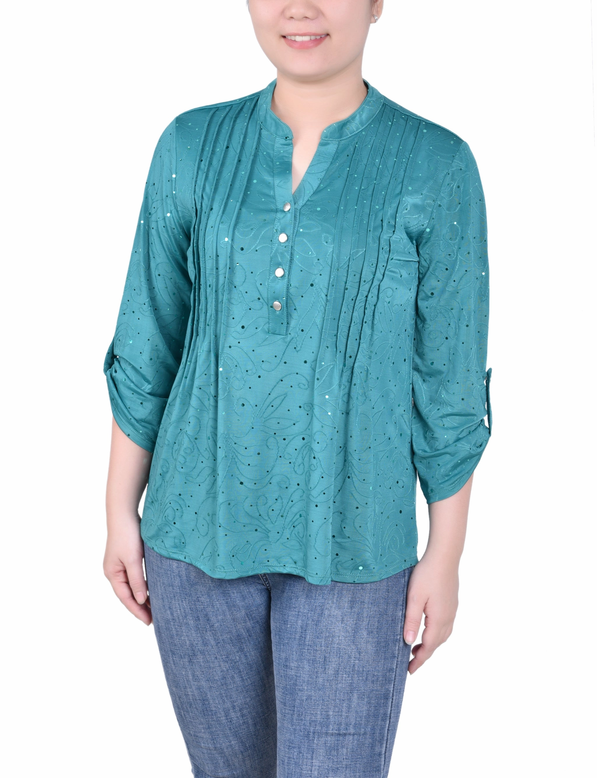 Grid Back Panel Adjustable Hemline Petite 3/4 Sleeve Roll Tab Y Neck Top