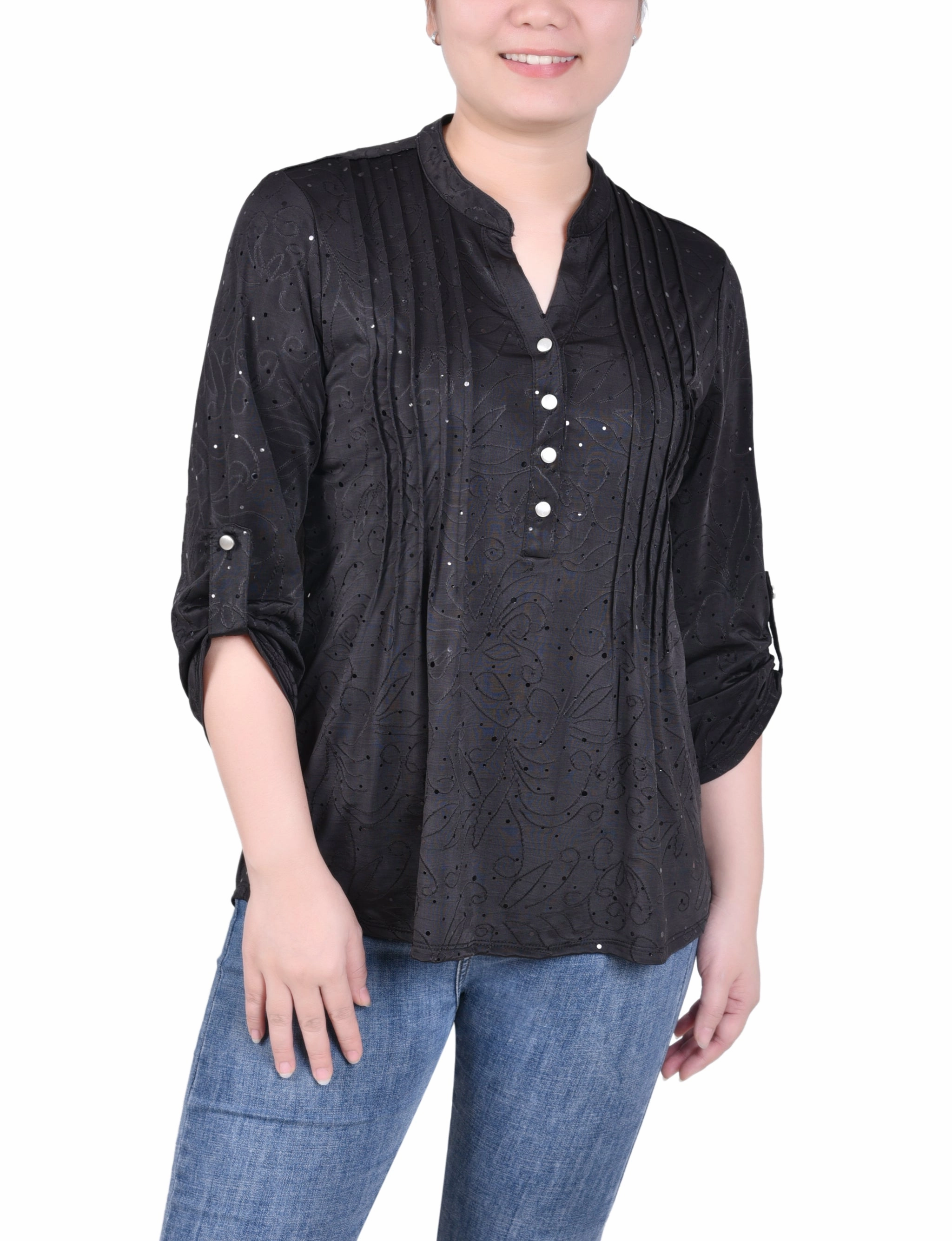 Natural Fiber Blend Petite 3/4 Sleeve Roll Tab Y Neck Top