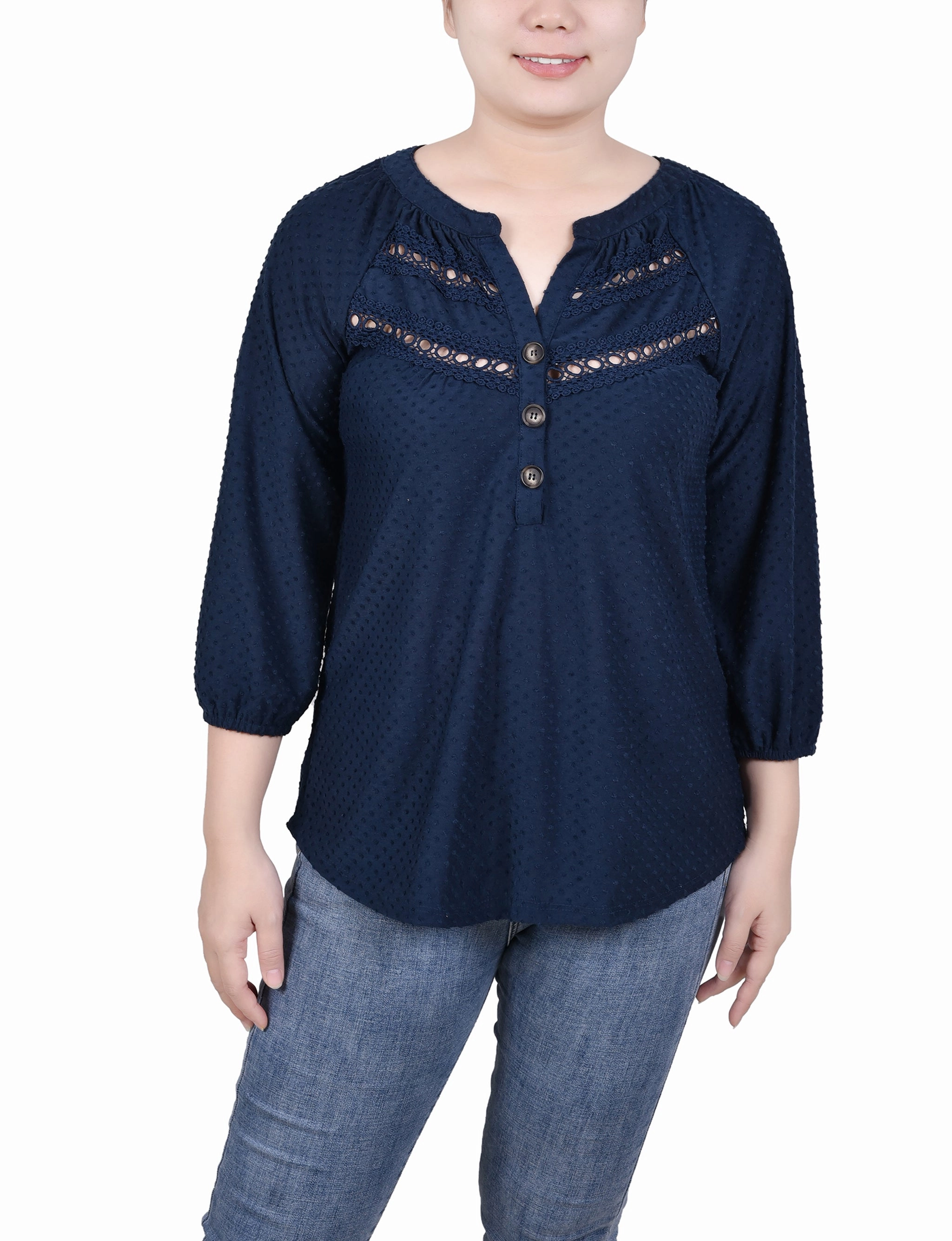 AntiMicrobialLining Durable Fiber Blend Petite 3/4 Sleeve Swiss Dot Top