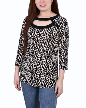 Durable Color Retention Petite 3/4 Sleeve Top With Combo Bands And Front Cutout