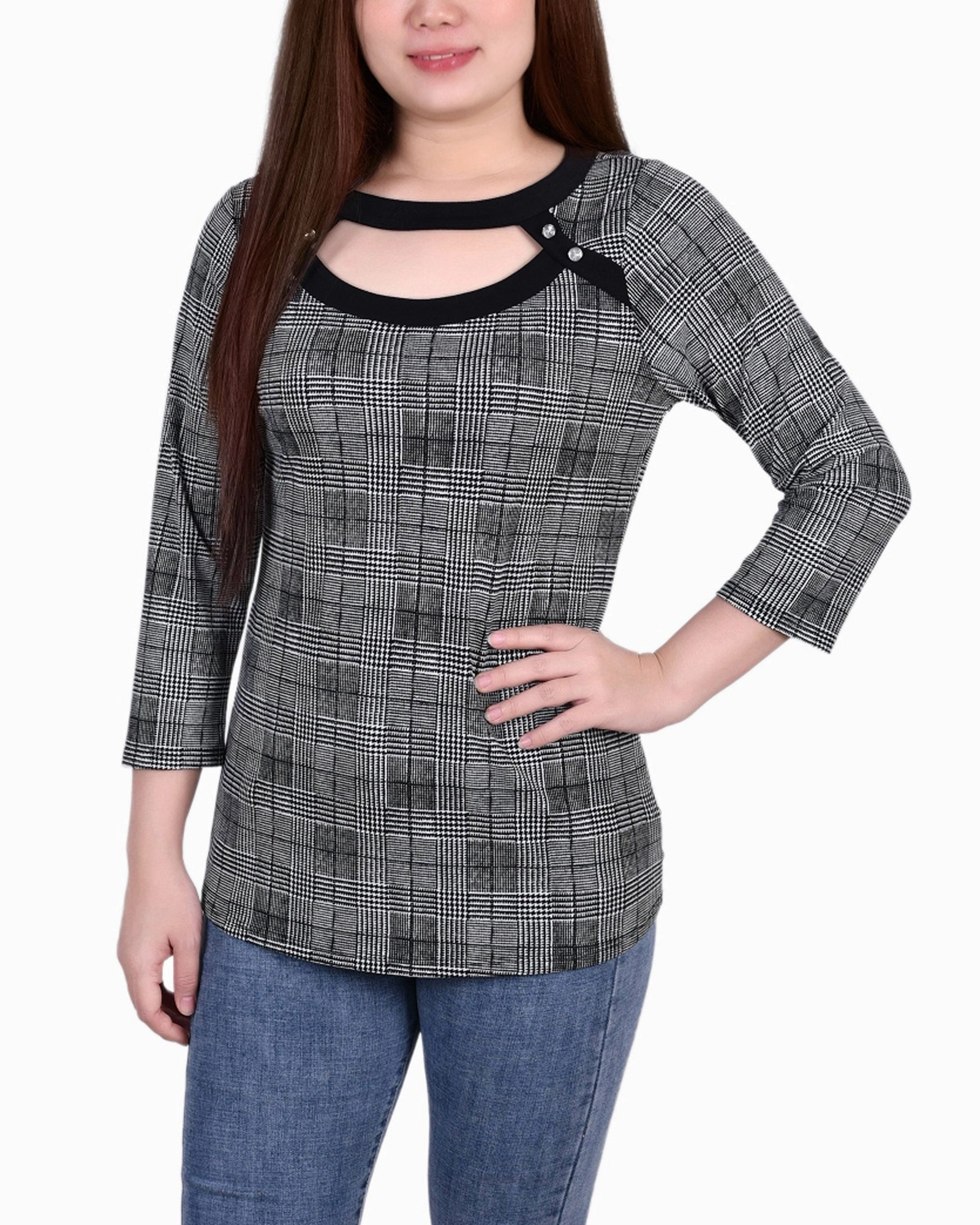 Drop Shoulder Design Petite 3/4 Sleeve Top With Combo Bands And Front Cutout
