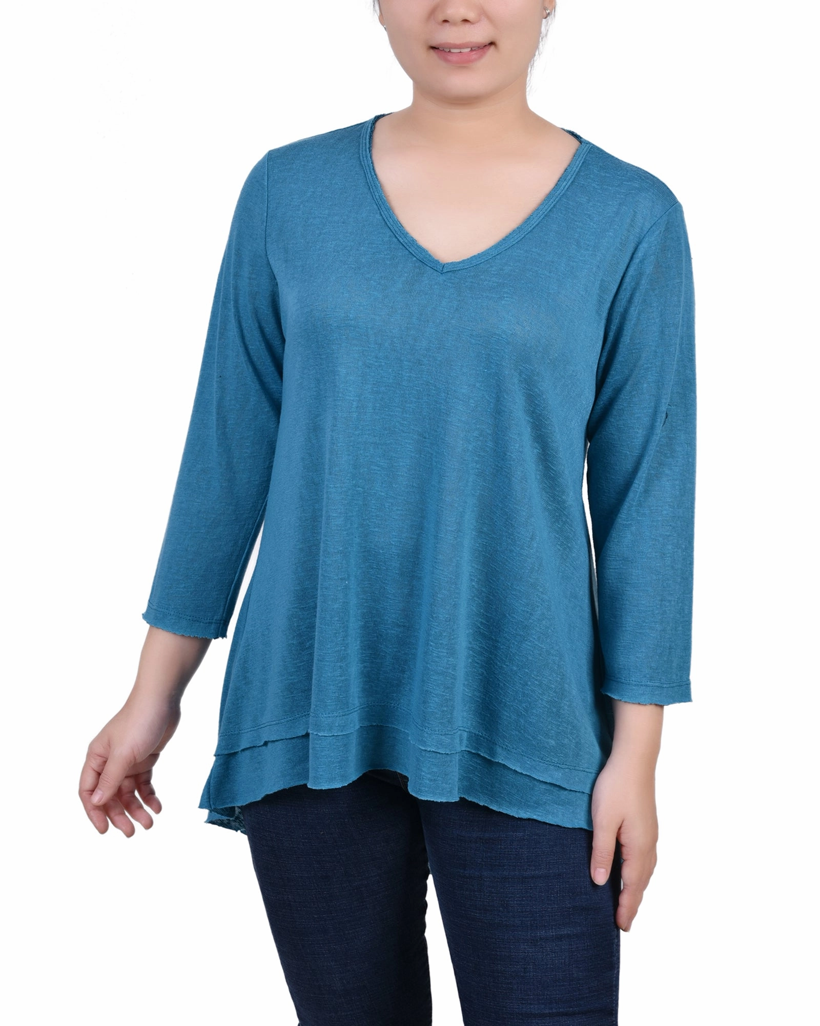 Petite 3/4 Sleeve V Neck Top Loose Blouse Athletic Look