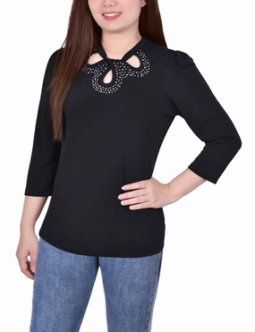 Petite 3/4 Slv Knit Crepe Studded Keyhole Top DurableZipper PunctureResistantReinforcement