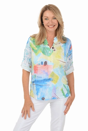 Petite Abstract Waterfront High-Low Knit Top Reinforced Seams Durable Stitching