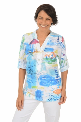 Petite Beach Vacation Roll Sleeve Top Ventilated Panel Design