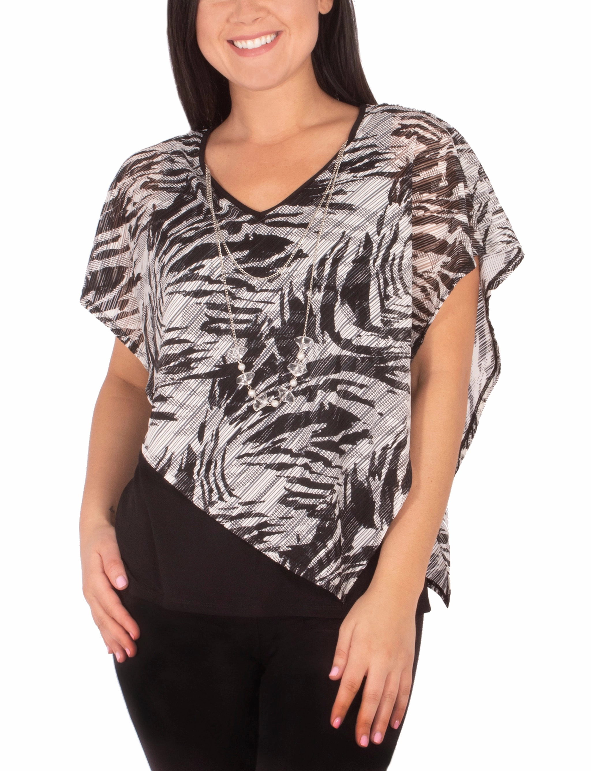 Durable Interlock Stitch Built In Filter Layer Petite Burnout Poncho Top With Removable Necklace