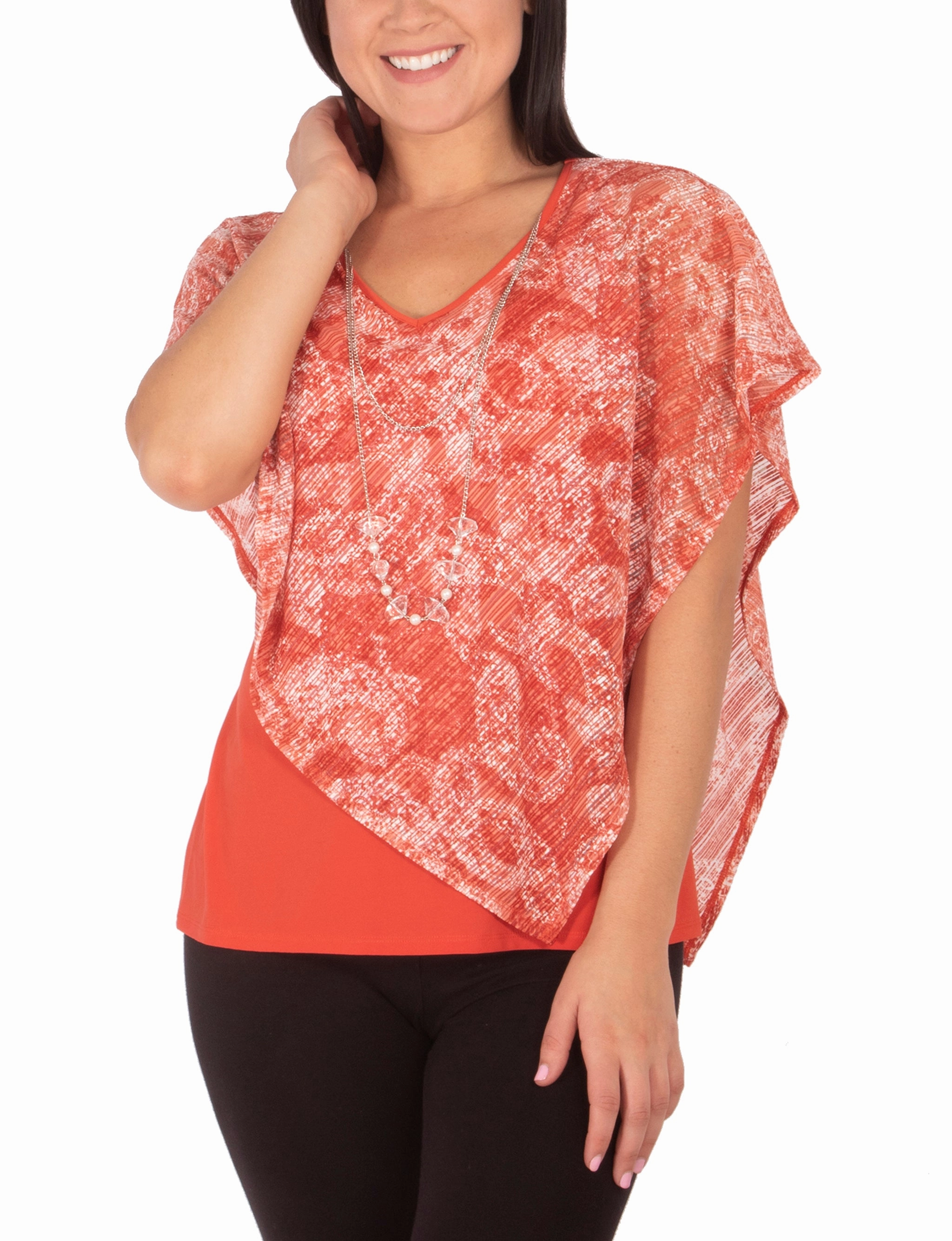 Relaxed Crew Neck Opening Elasticated Hem Petite Burnout Poncho Top With Removable Necklace