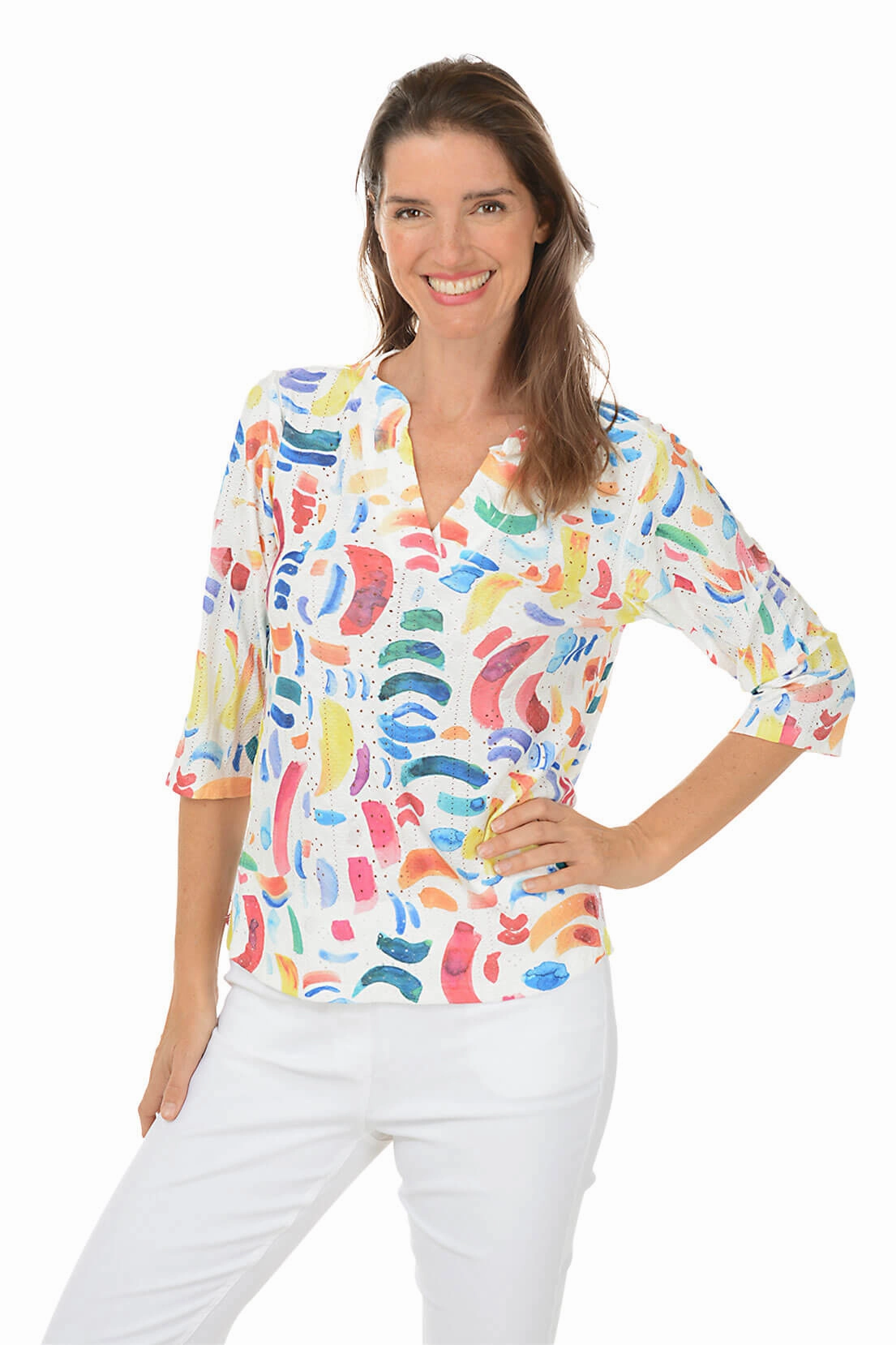 DoubleStitchedHem Petite Colorful Confetti High-Low Eyelet Top
