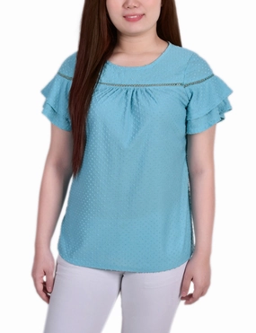 Petite Double Bell Sleeve Swiss Dot Top Drop Shoulder Silhouette Reinforced Hem
