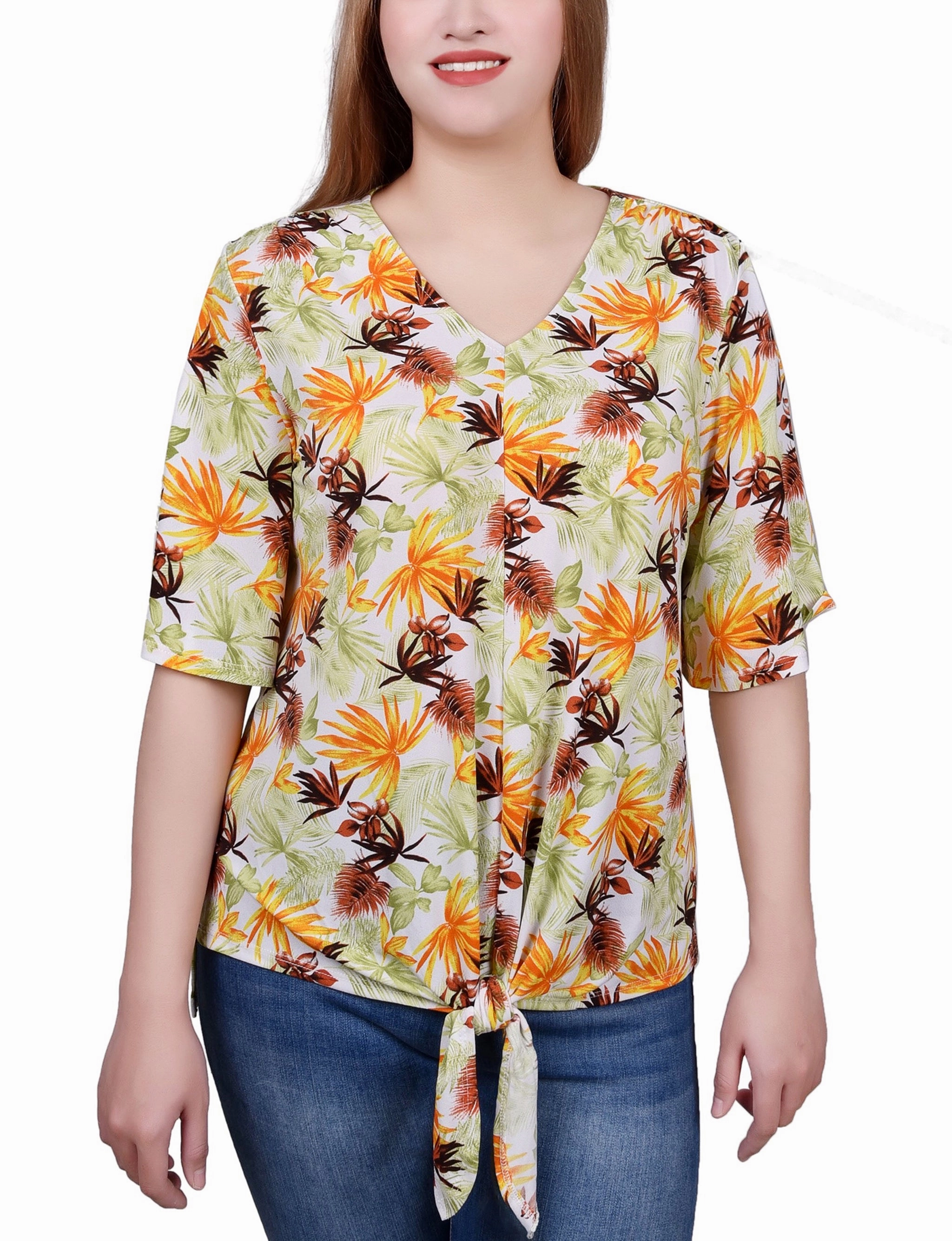 Petite Elbow Sleeve Tie-Front Top Anti Pilling Finish