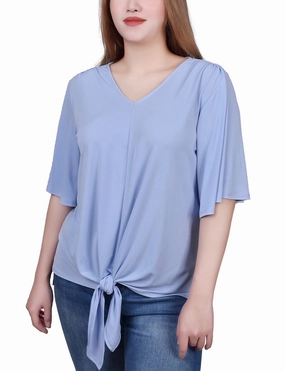 Simple Pullover BreathableMaterial Petite Elbow Sleeve Tie-Front Top