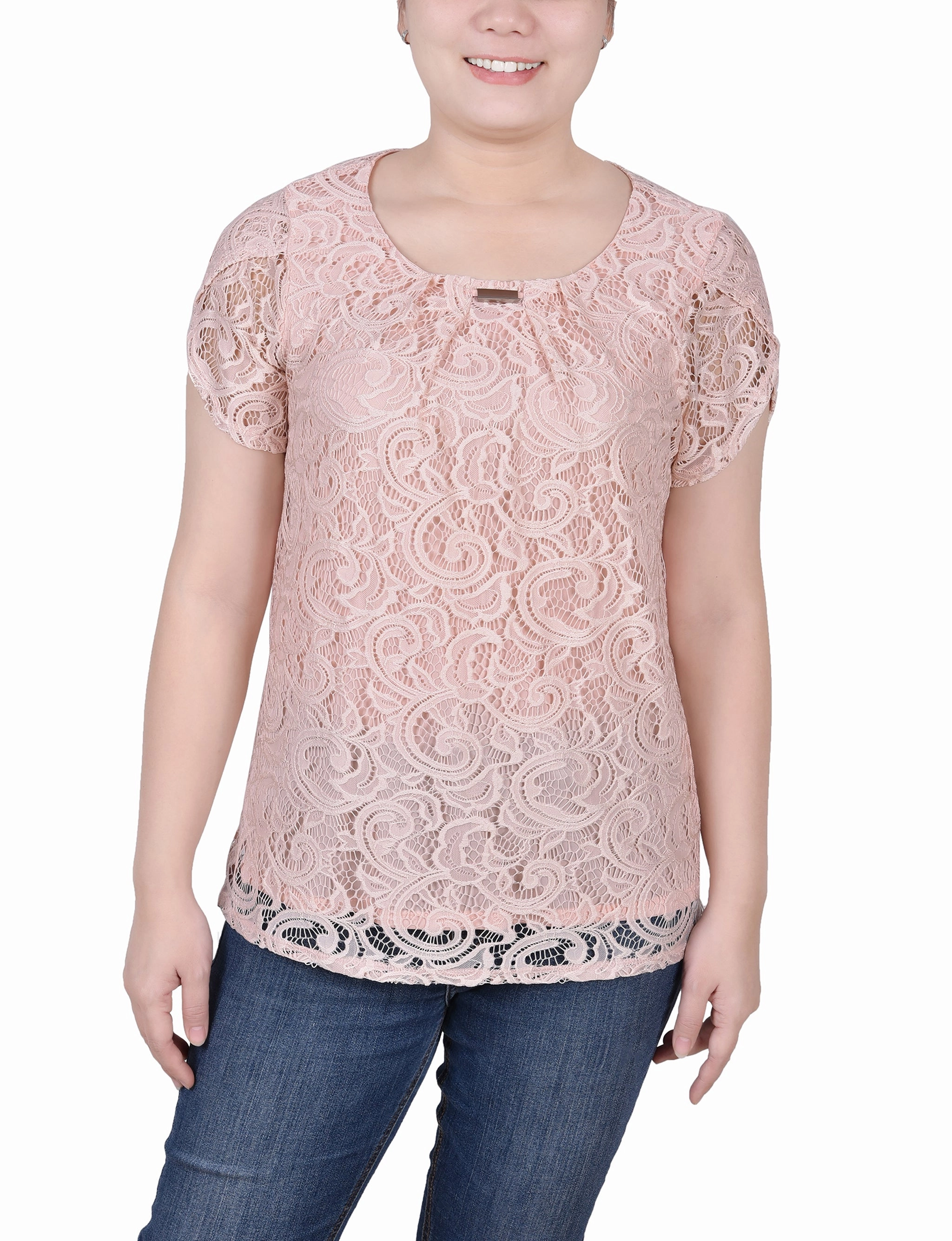 BuiltInLayer Anti Bacterial Layer Petite Lace Petal Sleeve Top