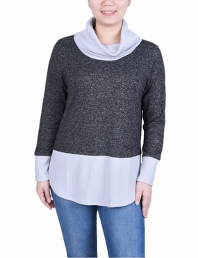 Petite Long Sleeve Cowl Neck Colorblocked Top Sheer Overlay Material