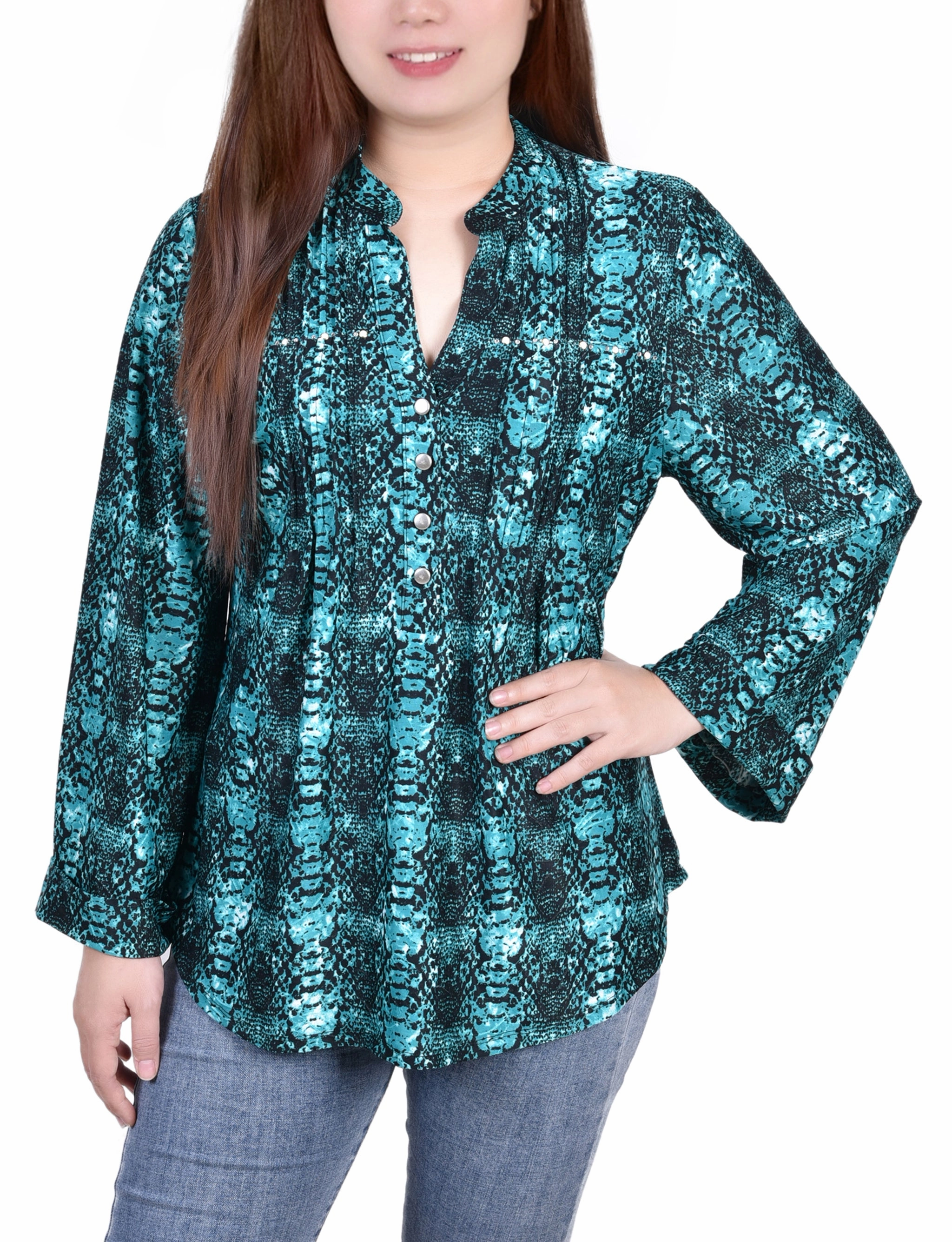 Petite Long Sleeve Jacquard Knit Y Neck Top Snag Proof Weave UPFProtection