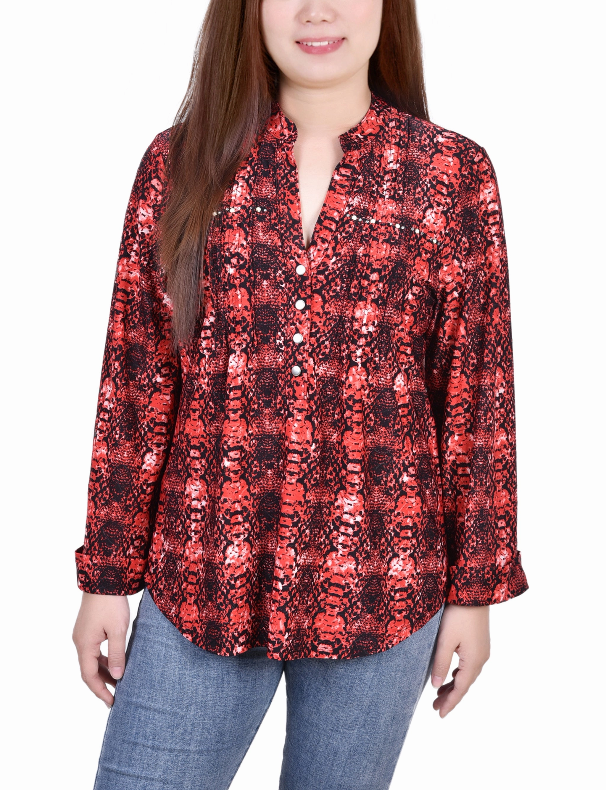 Cozy Knit Formal top Petite Long Sleeve Jacquard Knit Y Neck Top