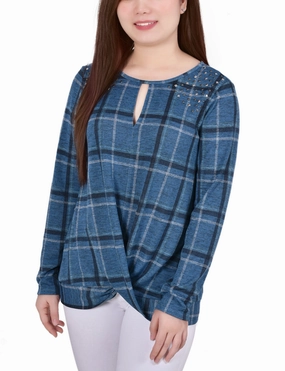 Petite Long Sleeve Knit Keyhole Top With Studs Lightweight Knit Temperature control