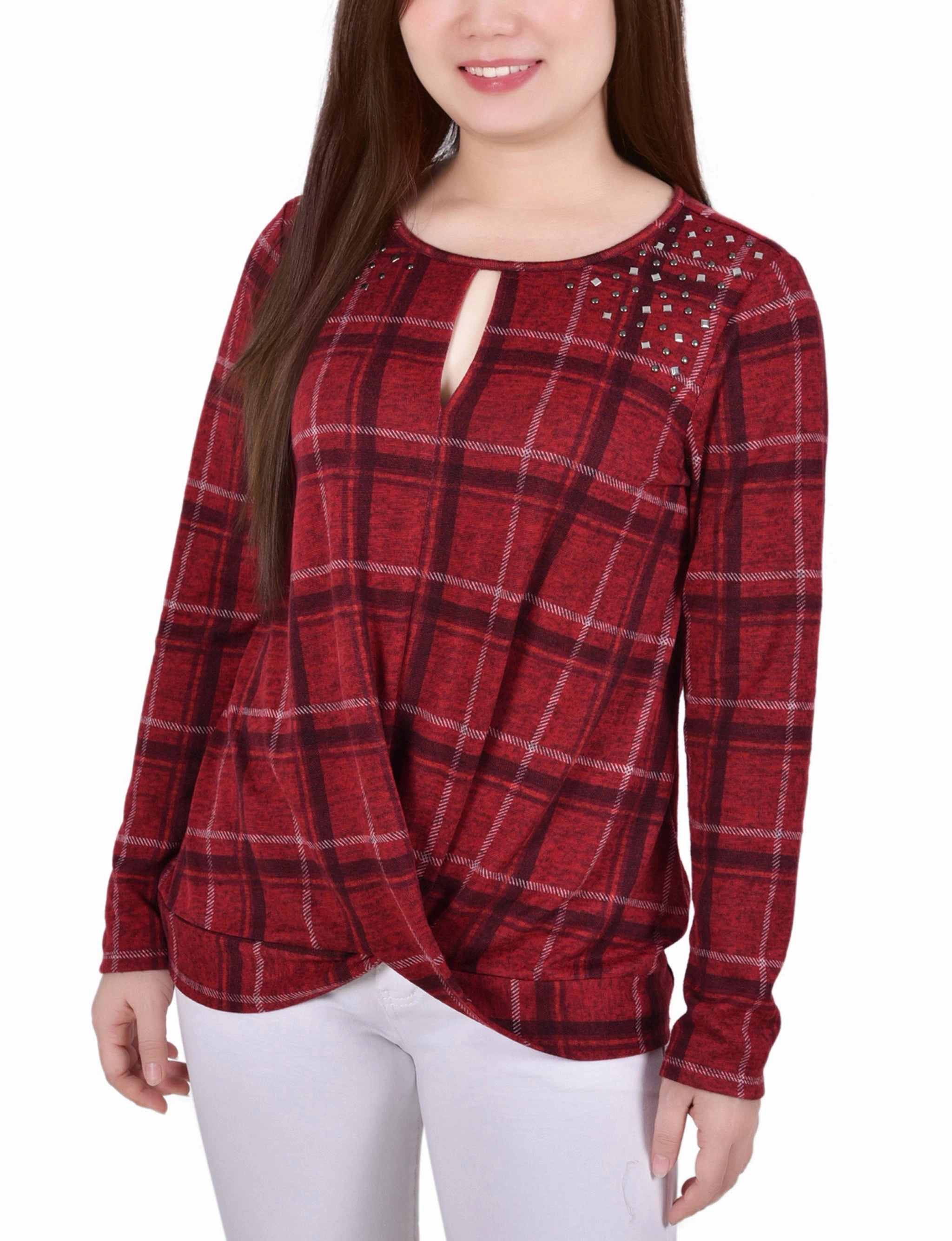 Petite Long Sleeve Knit Keyhole Top With Studs Torsion Support Structure EasyCareMaterial