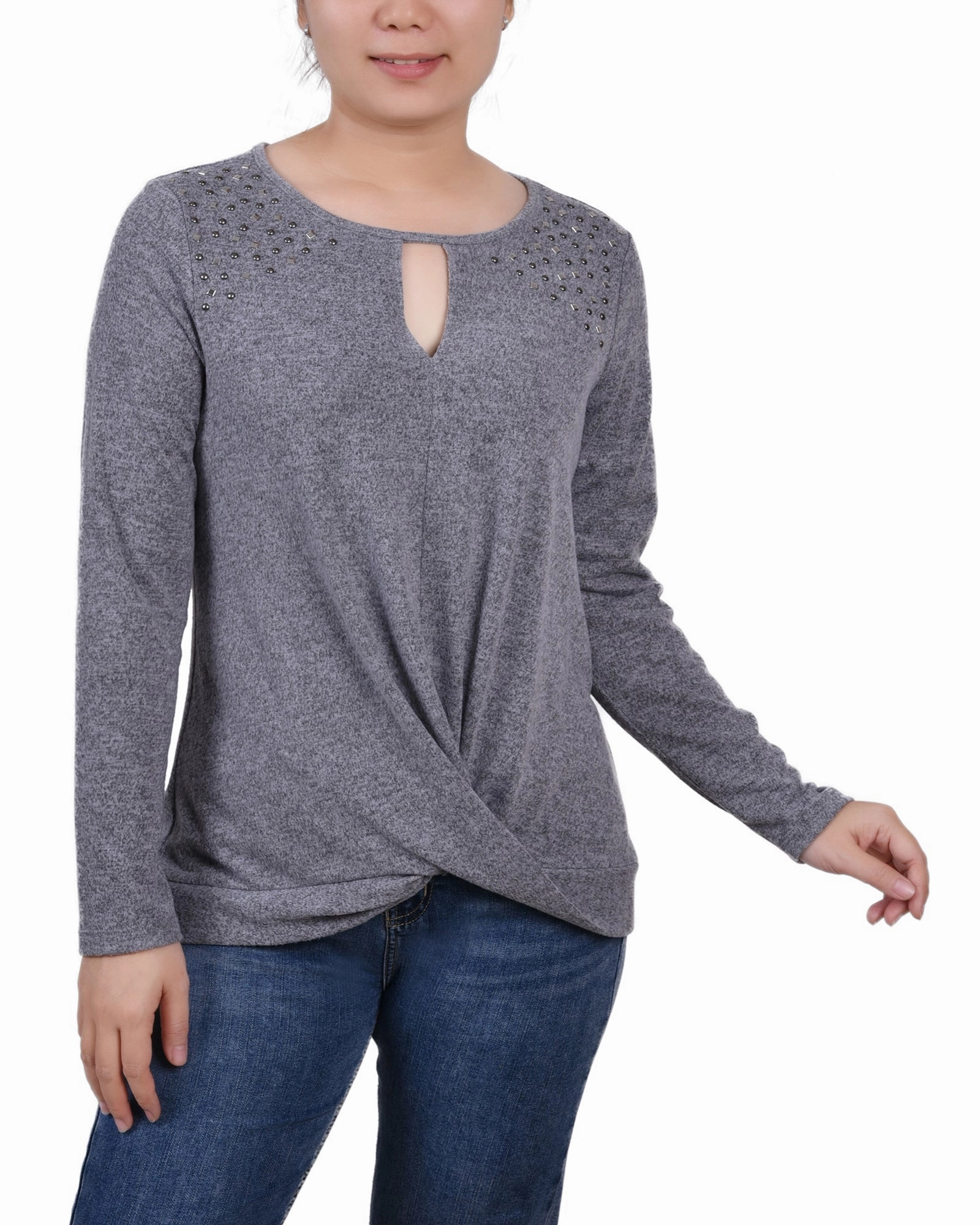 sporty wear Petite Long Sleeve Knit Keyhole Top With Studs