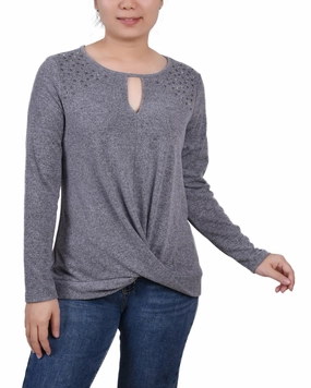 Microfiber Technology OdorResistantTreatment Petite Long Sleeve Knit Keyhole Top With Studs