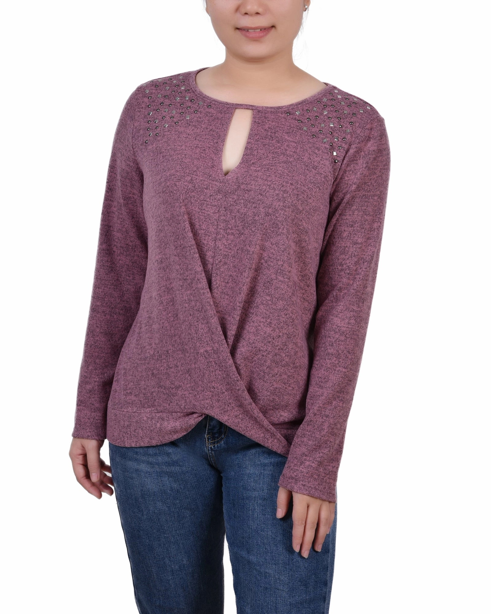NonIrritating Stitching Petite Long Sleeve Knit Keyhole Top With Studs