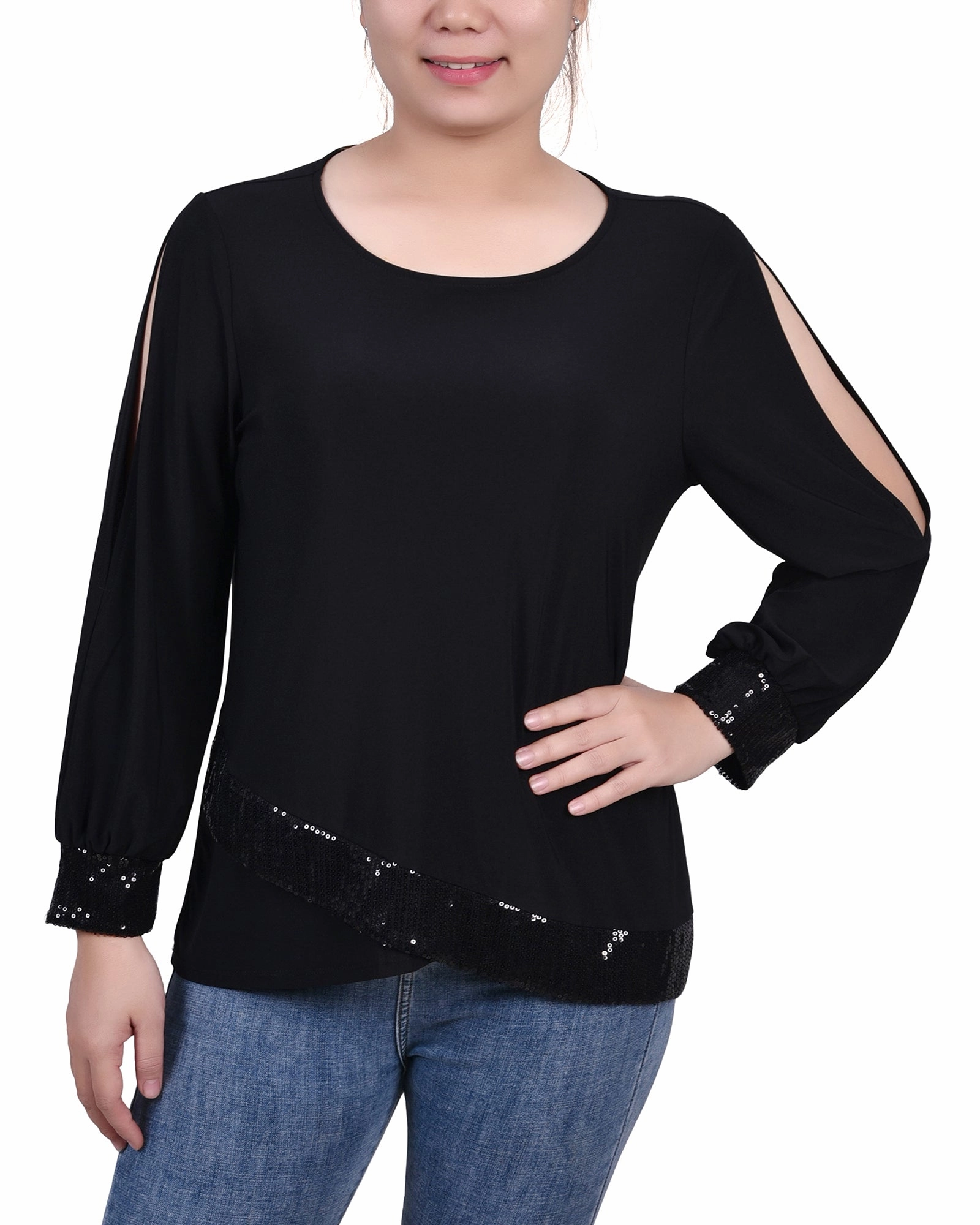 Petite Long Sleeve Knit Top With Sequin Hem Reflective Detailing