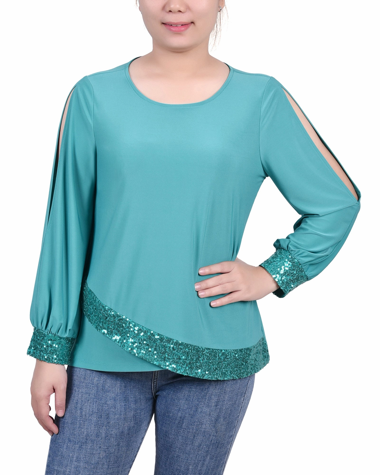 Petite Long Sleeve Knit Top With Sequin Hem MeshPanelIntegration BiodegradableFabric