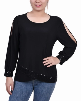 Petite Long Sleeve Knit Top With Sequin Hem Reflective Detailing