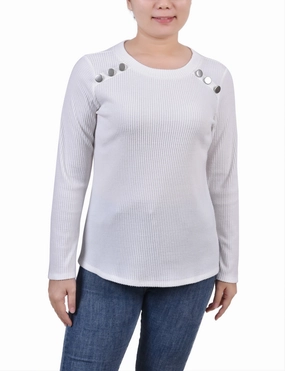 Petite Long Sleeve Ribbed Button Detail Top CrossGrain Fabric