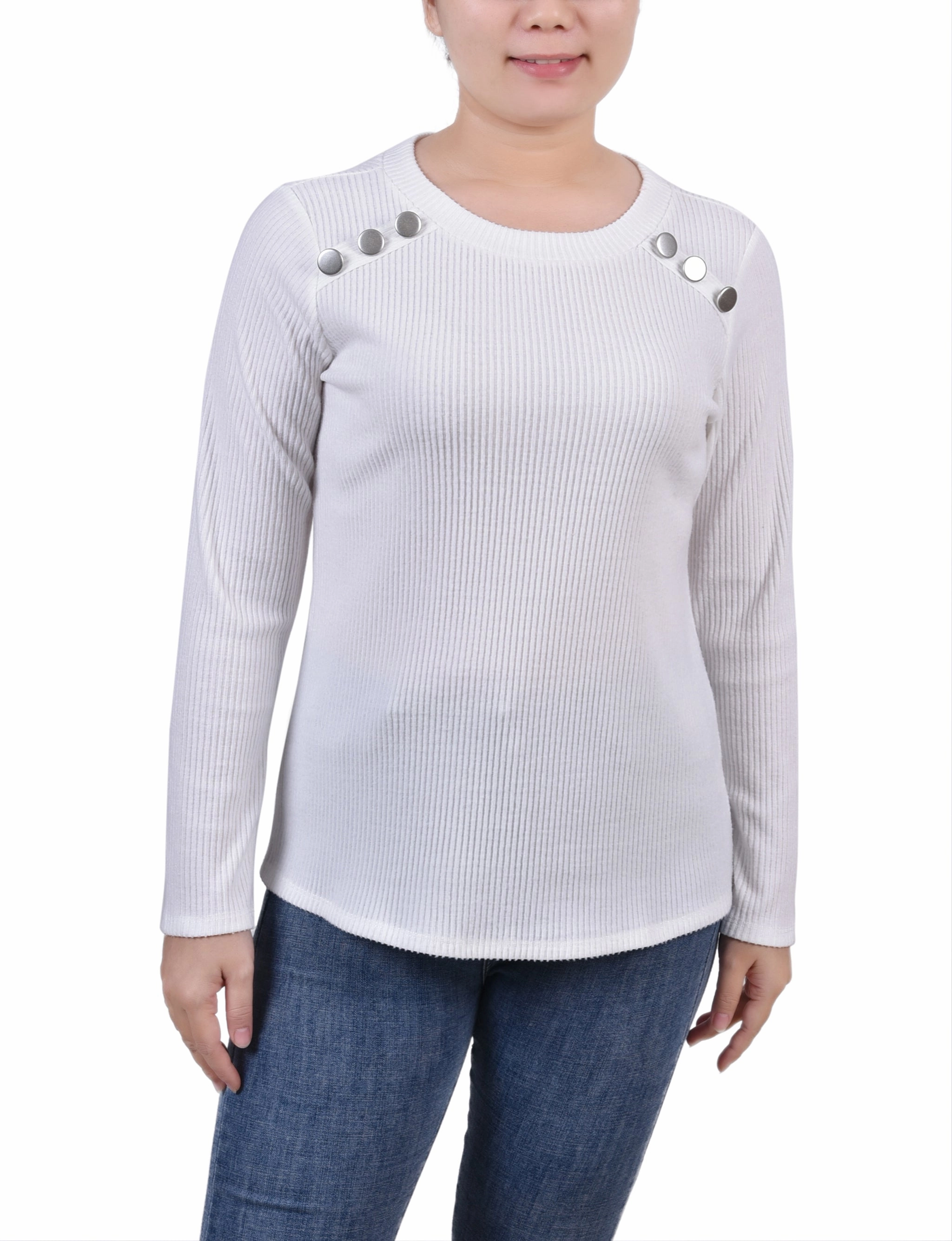 Petite Long Sleeve Ribbed Button Detail Top CrossGrain Fabric