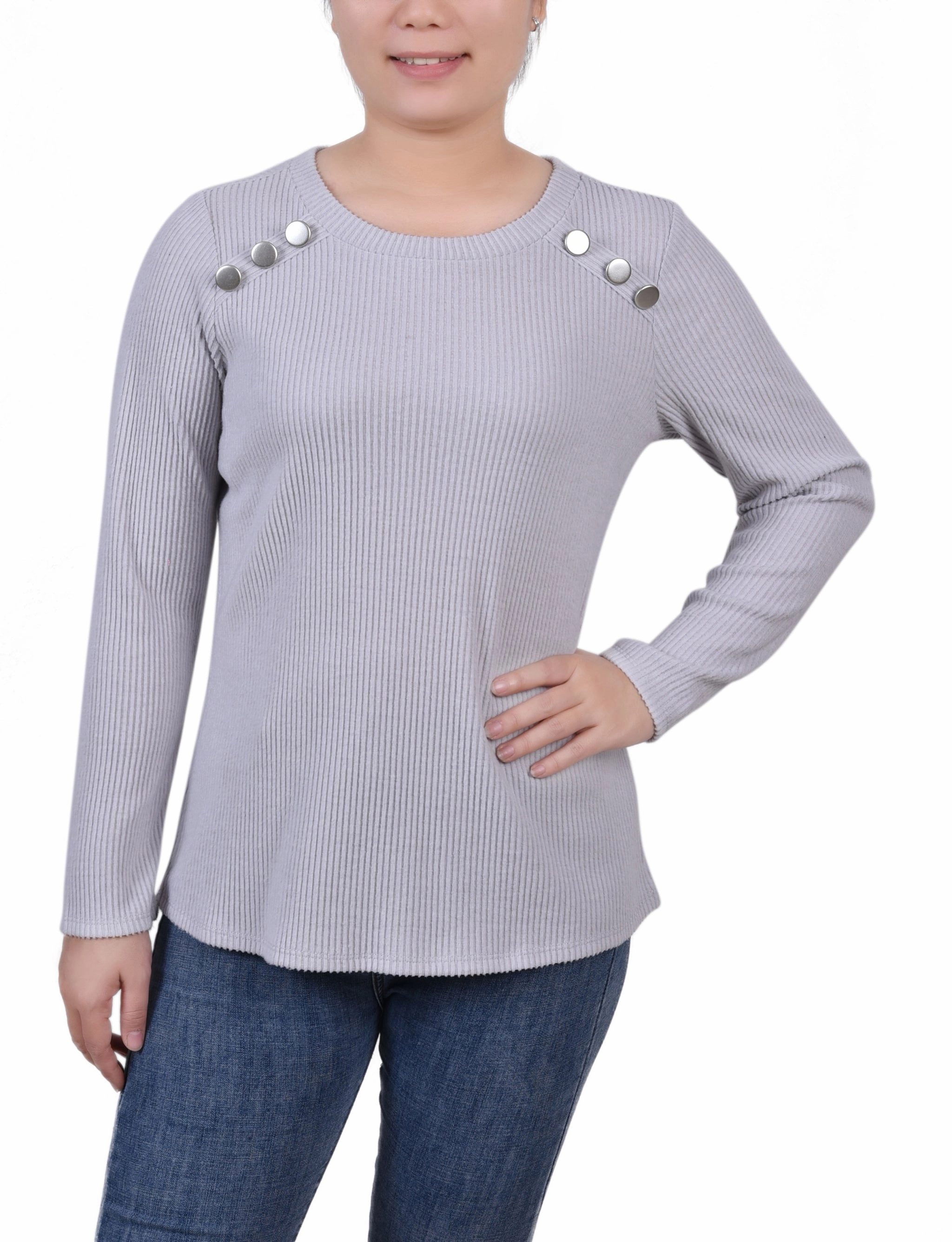 All Over Print Technique Petite Long Sleeve Ribbed Button Detail Top