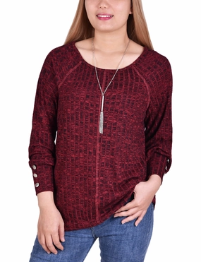 BoxyCrop SnagResistant Fabric Petite Long Sleeve Ribbed Top With Detachable Necklace