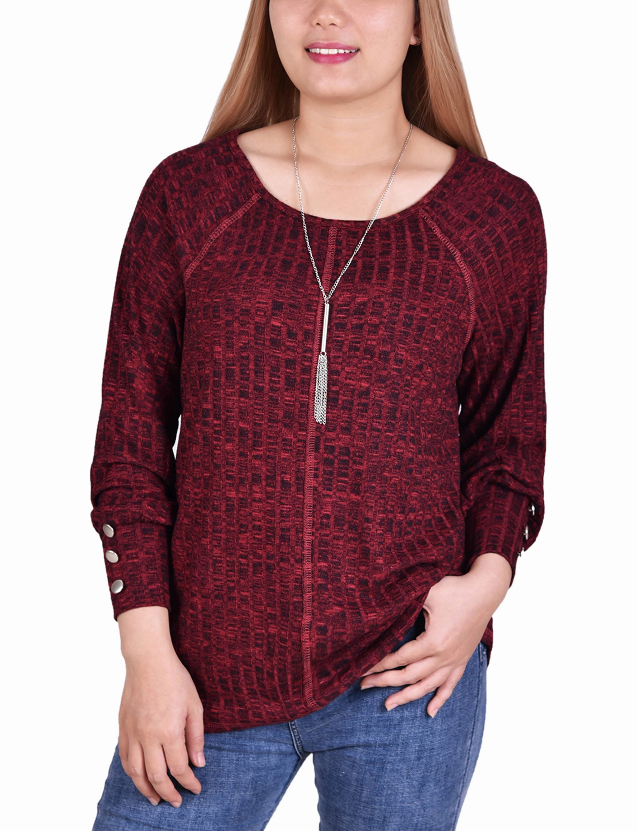 Petite Long Sleeve Ribbed Top With Detachable Necklace ContrastPlacket SustainableBlend